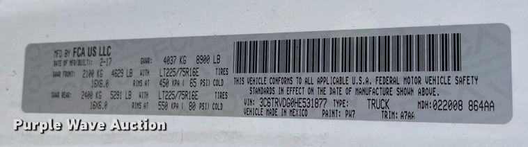 image for item MA9911 2017 Dodge Ram ProMaster 2500  van