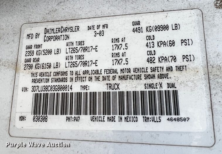 image for item MF9803 2003 Dodge Ram 3500  Quad Cab pickup truck