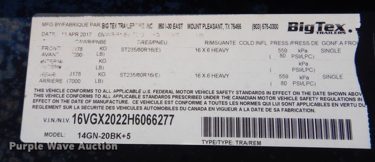 image for item DK5147 2017 Big Tex 14GN  equipment trailer