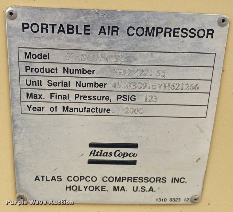 image for item DN8211 2000 Atlas Copco XAS175JD  air compressor