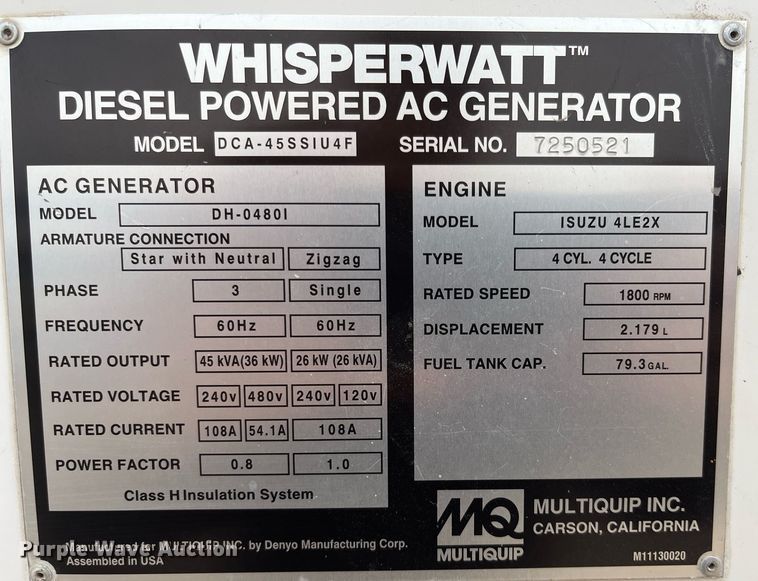 image for item DQ4091 2014 Multiquip Whisperwatt DCA-45SSIU4F  generator
