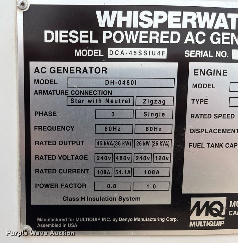 image for item DQ4091 2014 Multiquip Whisperwatt DCA-45SSIU4F  generator
