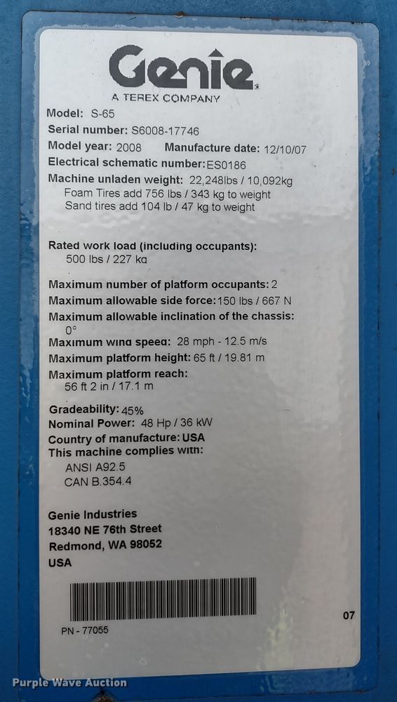 image for item DR8205 2008 Genie S65  boom lift