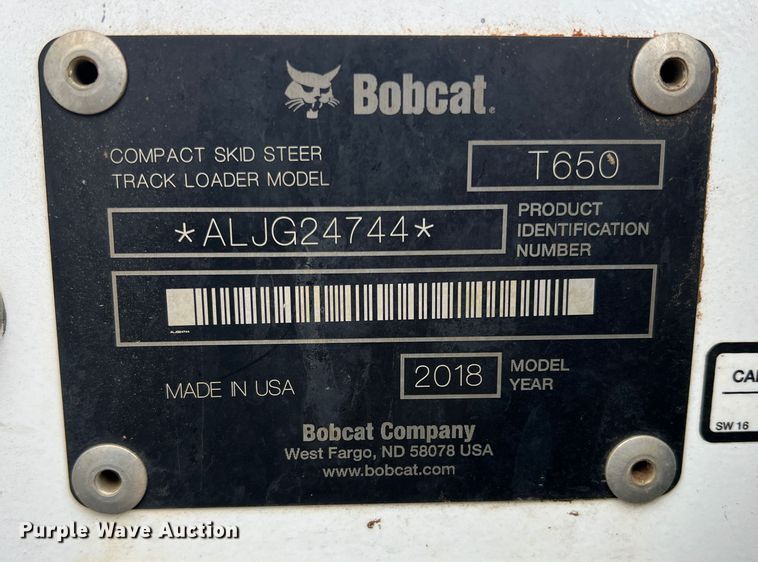 image for item DS2779 2018 Bobcat T650  tracked skid steer loader