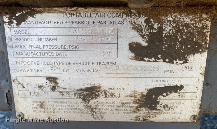 image for item JW9179 2010 Atlas Copco XAS185JD  air compressor