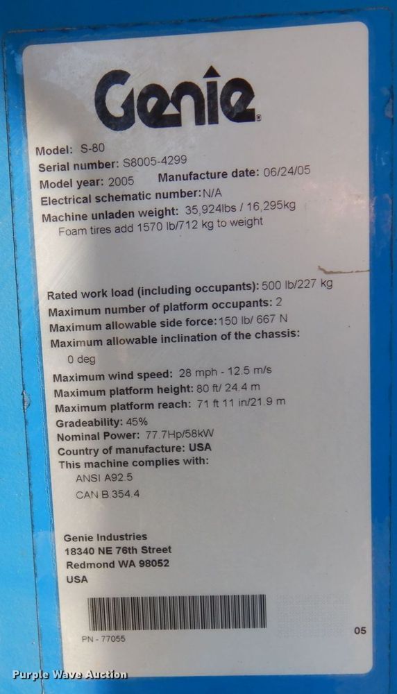 image for item KU9739 2005 Genie S80  boom lift