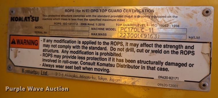 image for item LP9208 2018 Komatsu PC170LC-11  excavator