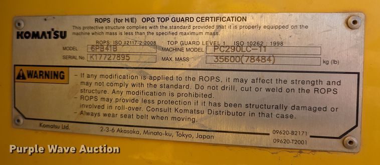 image for item LP9210 2017 Komatsu PC290LC-11  excavator