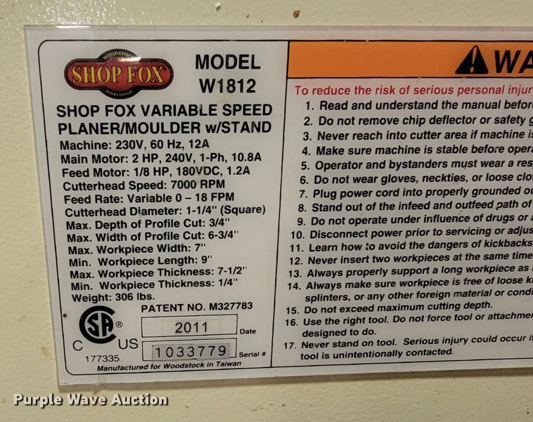 image for item ME9759 Shop Fox W1812  wood planer