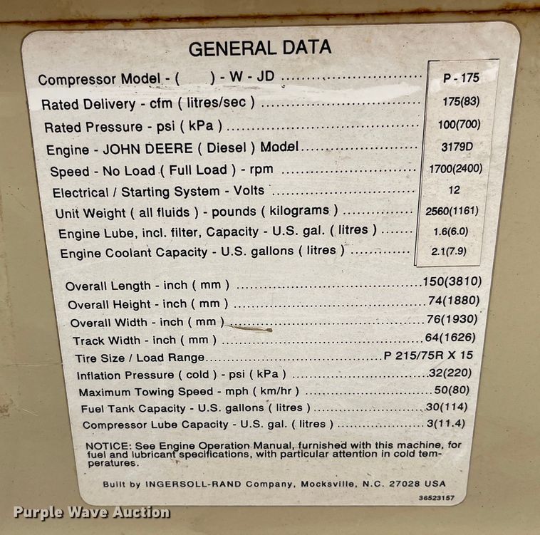 image for item MW9495 1995 Ingersoll Rand P175WJD  air compressor