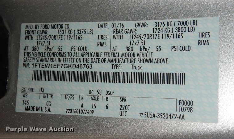 image for item DK7621 2016 Ford F150 XLT  SuperCrew pickup truck