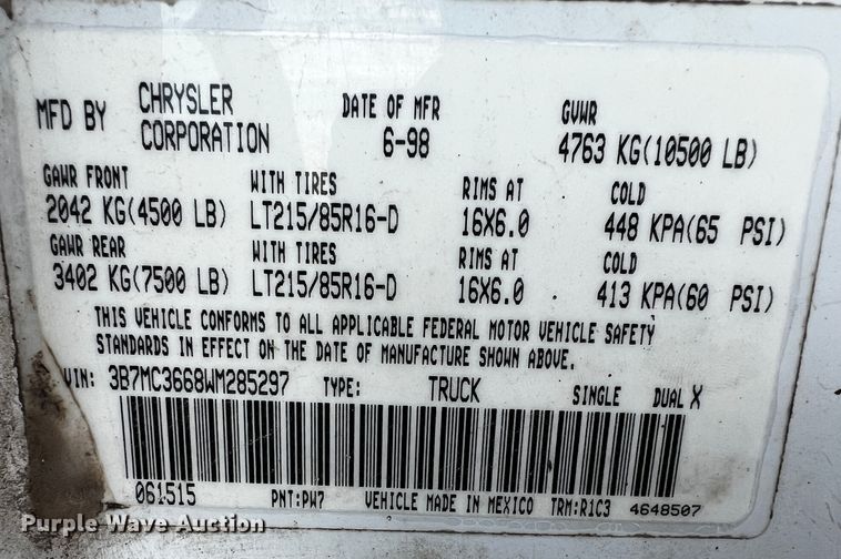 image for item DQ1978 1998 Dodge Ram 3500  pickup truck cab and chassis