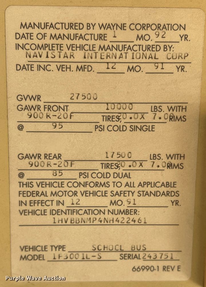image for item DS2747 1992 International 3800  school bus