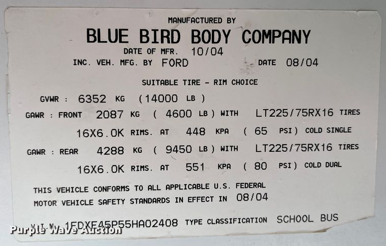 image for item DS2748 2005 Blue Bird E450 Super Duty  school bus