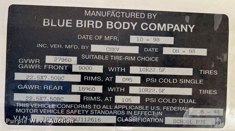 image for item DS2750 1999 Blue Bird  school bus