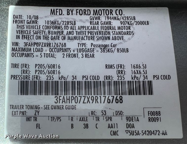 image for item KR9585 2009 Ford Fusion SE