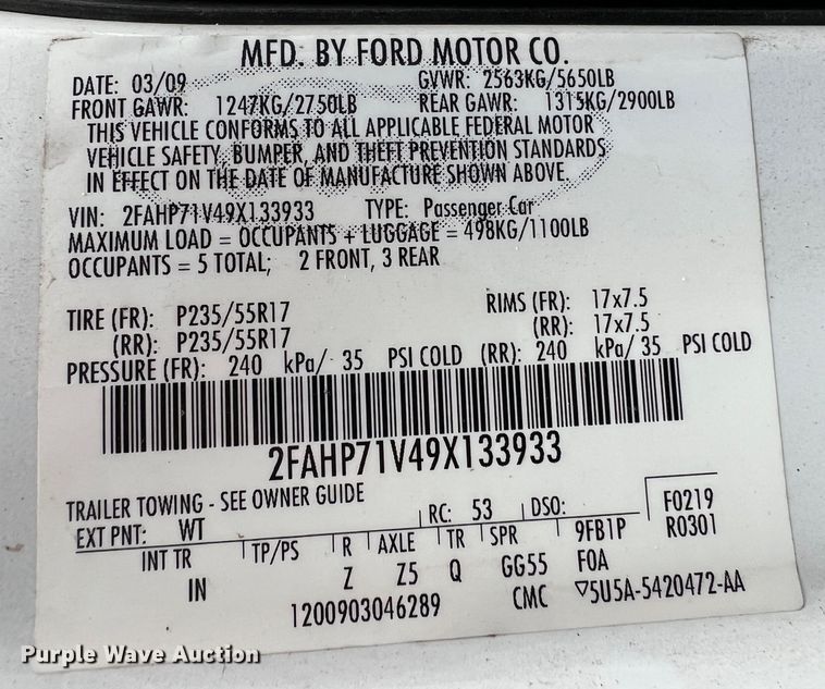 image for item KR9586 2009 Ford Crown Victoria Police Interceptor