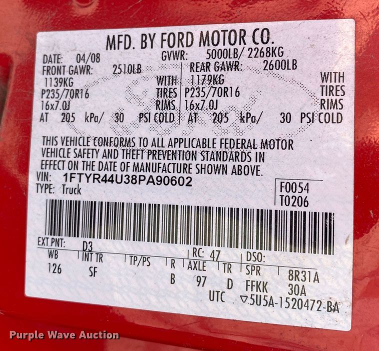 image for item KV9697 2008 Ford Ranger  SuperCab pickup truck