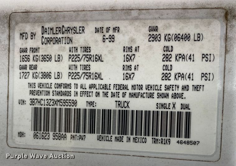 image for item KV9713 1999 Dodge Ram 1500  Quad Cab pickup truck