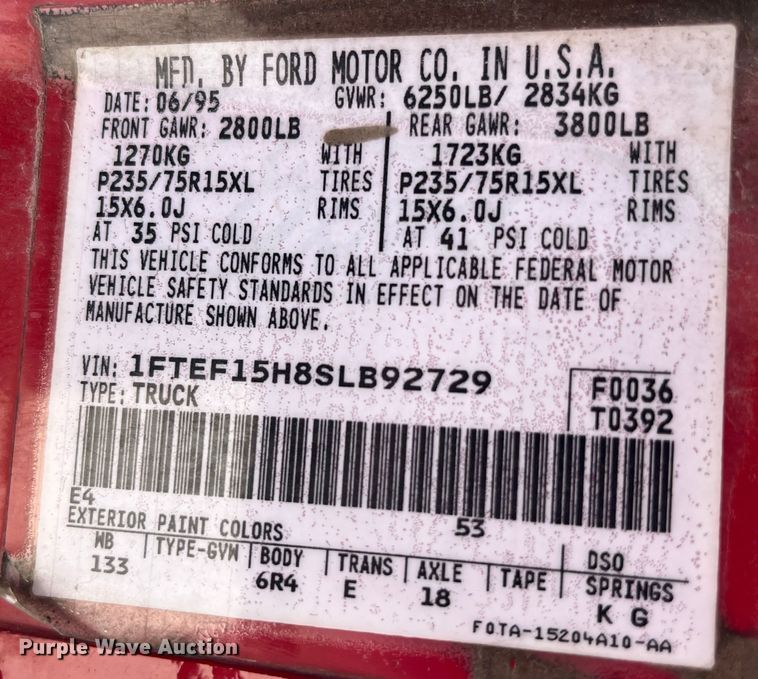 image for item LA9785 1995 Ford F150 XL  pickup truck