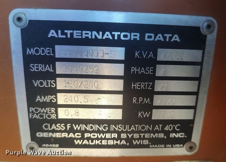 image for item LG9562 1999 Generac 99A03033-S  generator