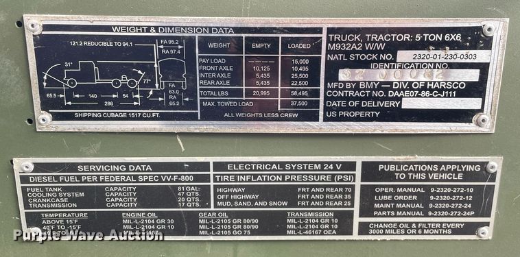 image for item MA9923 1991 BMY M932A2  semi truck