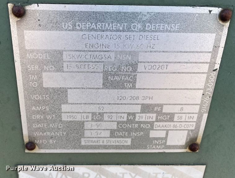 image for item MA9959 1990 US Military 15KW-CTMGSA  generator
