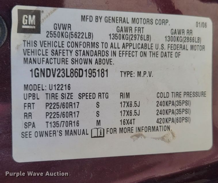 image for item MC9559 2006 Chevrolet Uplander  van