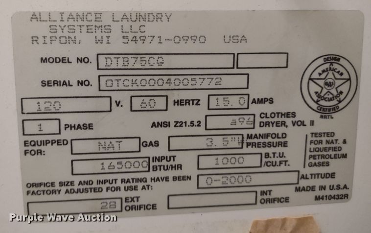 image for item MD9362 Unimac DTB75CG  dryer