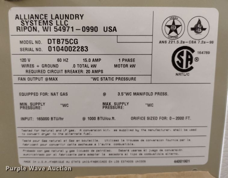 image for item MD9363 Unimac DTB75CG  dryer