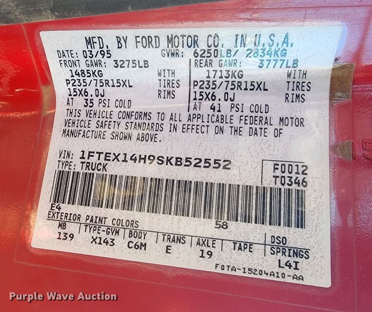 image for item ME9709 1995 Ford F150 XL  SuperCab pickup truck