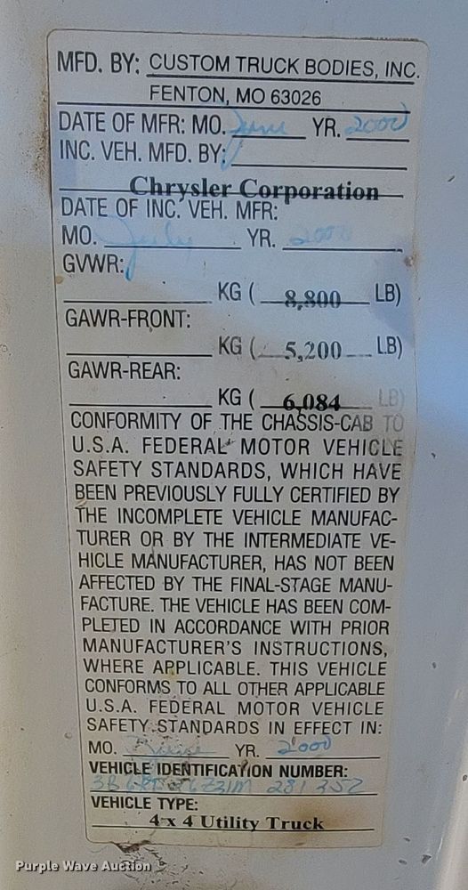 image for item ME9741 2001 Dodge Ram 2500  utility bed pickup truck