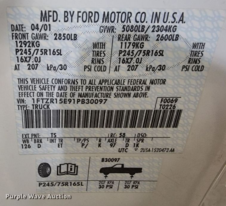 image for item ME9775 2001 Ford Ranger XLT  SuperCab pickup truck