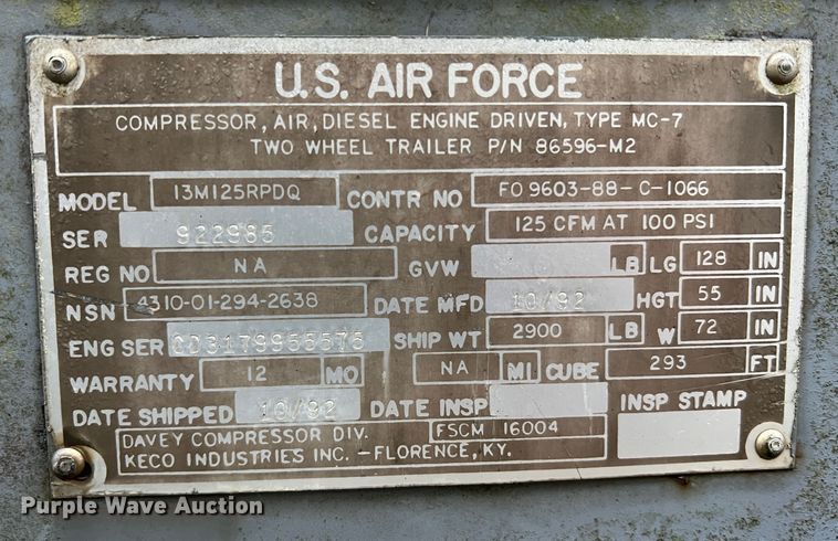 image for item MM9108 1992 US Military 13M125RPDQ  air compressor
