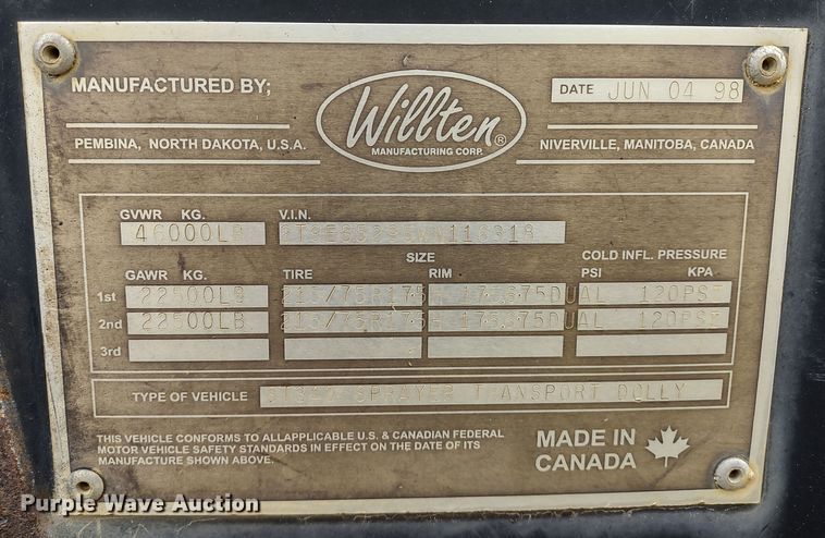 image for item DR8221 1998 Willten ST340  sprayer trailer