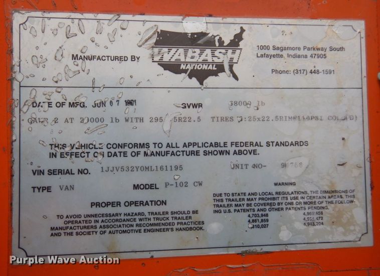 image for item DK2108 1991 Wabash P-102 CW  dry van trailer