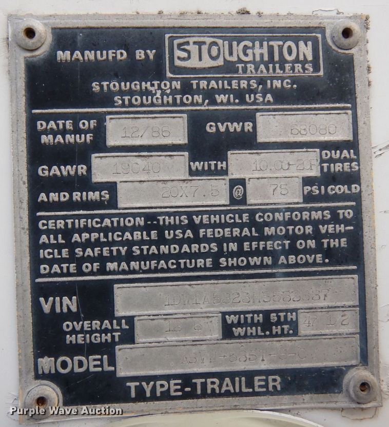 image for item DK2122 1987 Stoughton ASVW-535T-S-C  dry van trailer