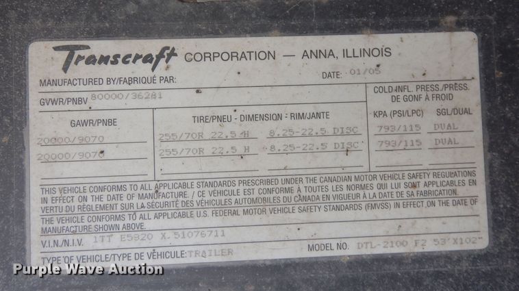 image for item DN6290 2005 Transcraft DTL-2100  drop deck equipment trailer