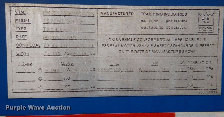 image for item DP8617 1989 Trail King TS70MDG-483  lowboy equipment trailer