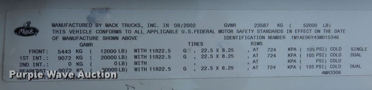 image for item IO9360 2003 Mack CX613  semi truck