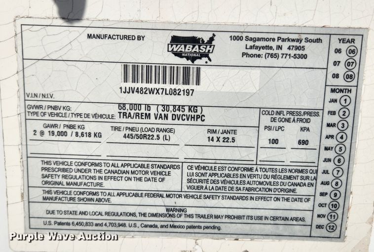 image for item JB9633 2007 Wabash  dry van trailer