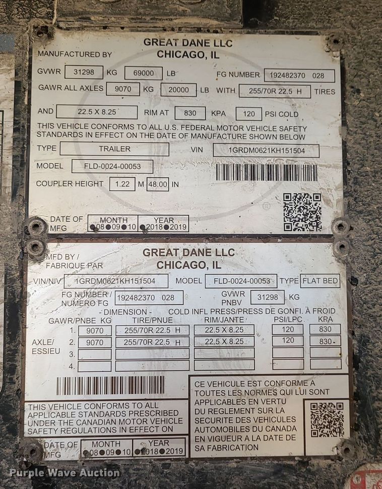 image for item JG9368 2019 Great Dane FLD-0024-00053  drop deck trailer