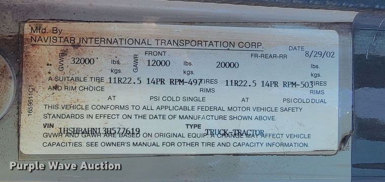 image for item JL9335 2003 International 8100  semi truck