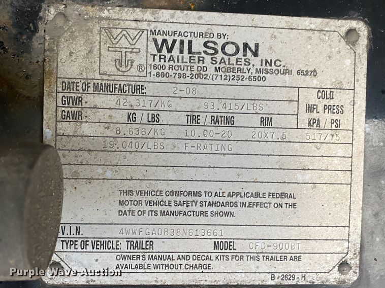 image for item JW9167 2008 Wilson CFD-900BT  drop deck equipment trailer