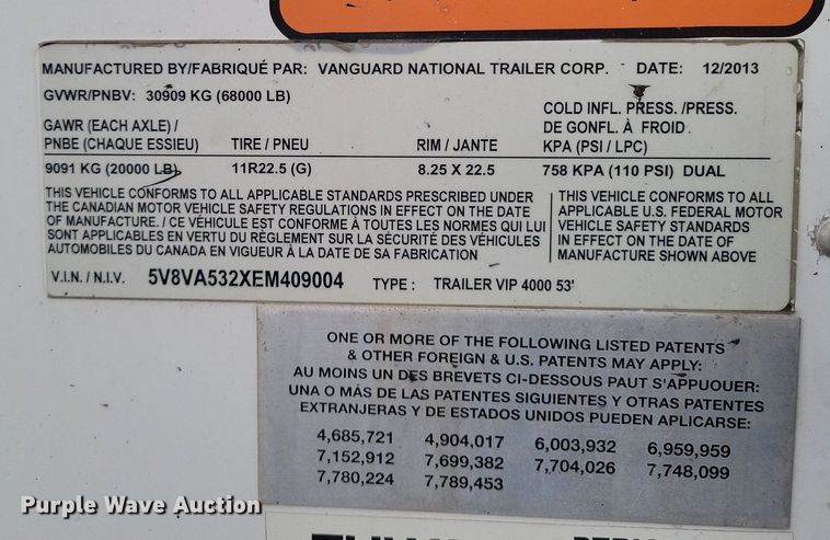 image for item KD9295 2014 Vanguard VIP 4000  dry van trailer