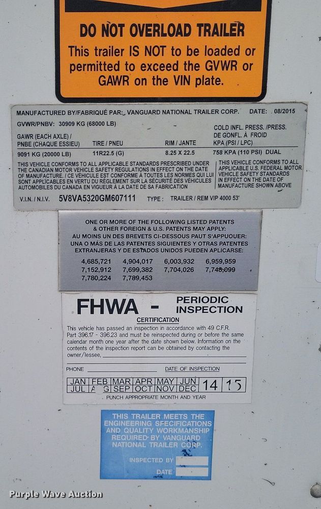 image for item KD9296 2016 Vanguard Rem VIP 4000  dry van trailer