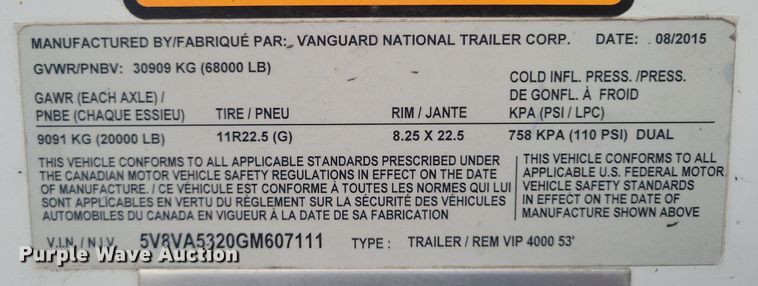 image for item KD9296 2016 Vanguard Rem VIP 4000  dry van trailer