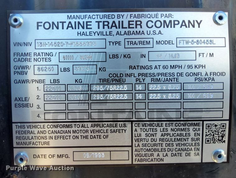 image for item KT9369 1993 Fontaine FTW-5-8045SL  flatbed trailer