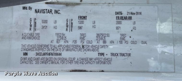 image for item MA9916 2015 International ProStar Plus 122  semi truck