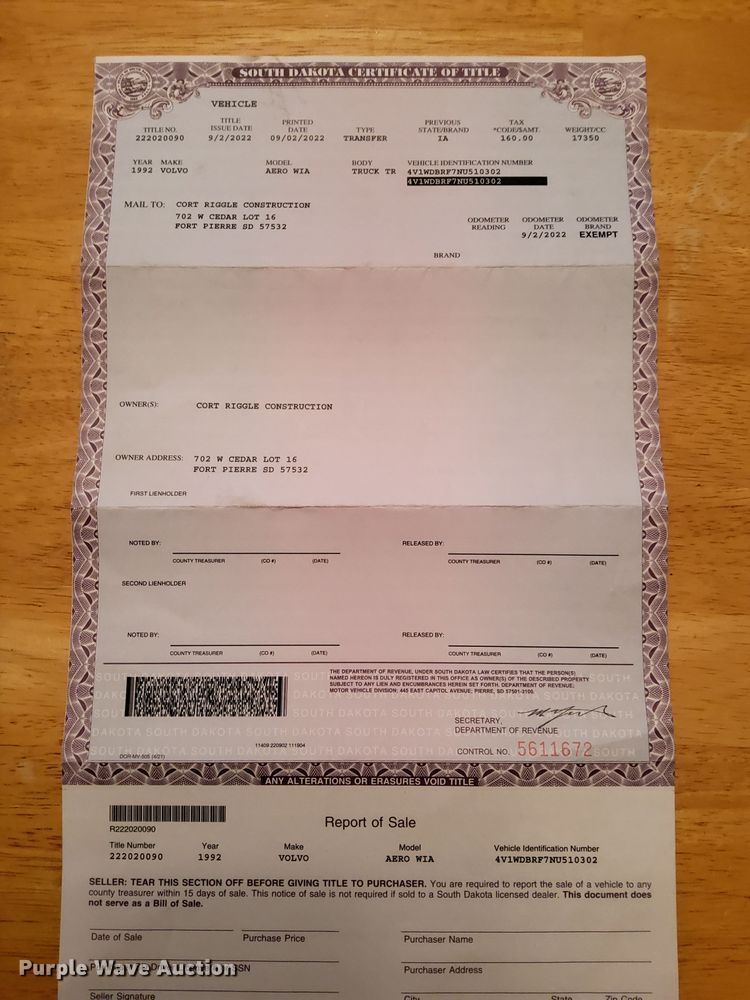 image for item ME9751 1992 Volvo Aero WIA  semi truck